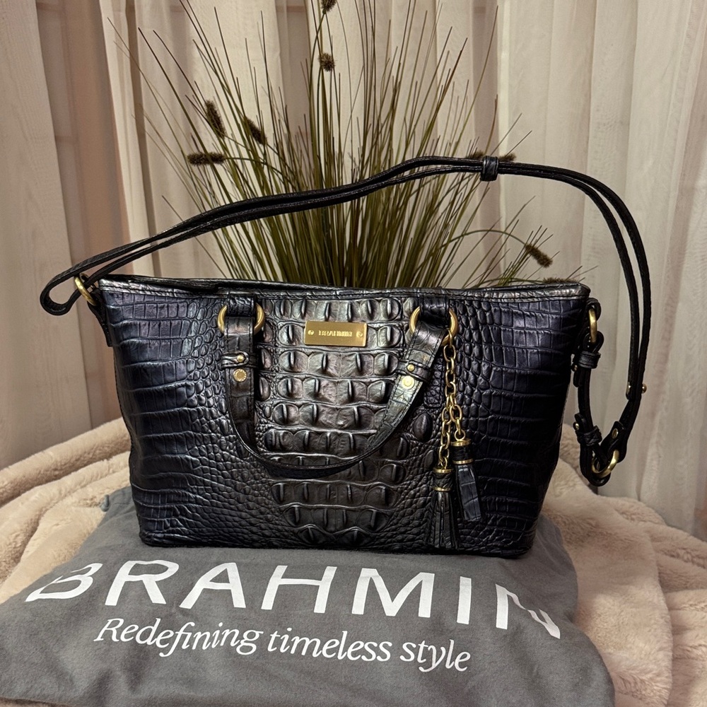 Brahmin Mini Asher Gunmetal Melbourne Croc-Embossed Shoulder Bag